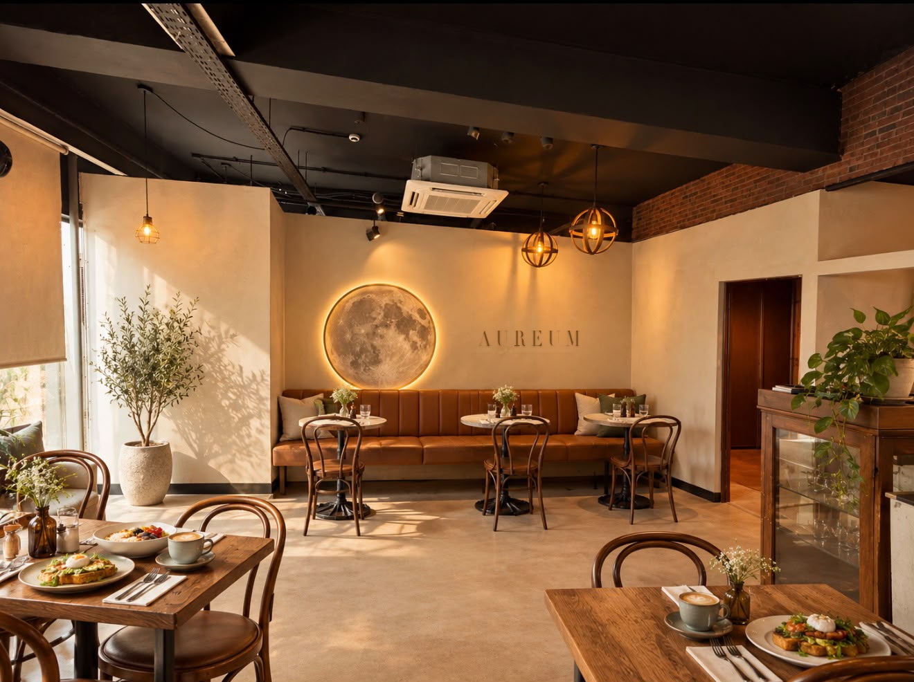 Cream walls, a glowing moon disc and a tan leather banquette in the back of the cafe.